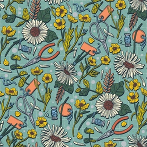 Ditsy Flower Aesthetic, Daisy and Buttercup Retro Summer / Blue Version / Medium Scale
