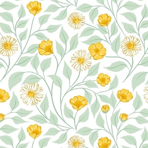 Wild flowers featuring entwined Buttercups and Daisies in golden yellow and sage green