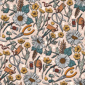 Ditsy Flower Aesthetic, Daisy and Buttercup Retro Summer / Neutral Version / Large Scale or Wallpaper
