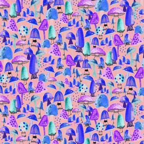 Fantasy Mushrooms/Toadstools - Electric Purple/Blue/Blush Pink - 12 inch
