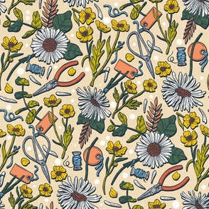 Ditsy Flower Aesthetic, Daisy and Buttercup Retro Summer / Colorful Version / Large Scale or Wallpaper