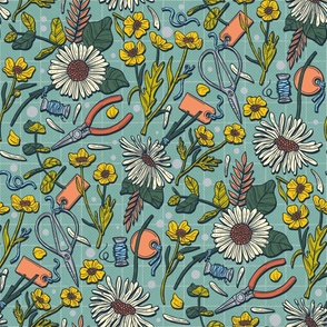 Ditsy Flower Aesthetic, Daisy and Buttercup Retro Summer / Blue Version / Large Scale or Wallpaper
