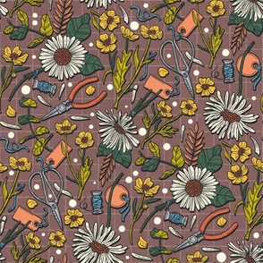 Ditsy Flower Aesthetic, Daisy and Buttercup Retro Summer / Dark Version / Large Scale or Wallpaper
