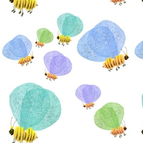 Funny yellow fluffy bees with colorful wings 
