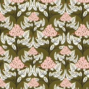 Hydrangea sketched florals and leaves_olive green_pink_Medium
