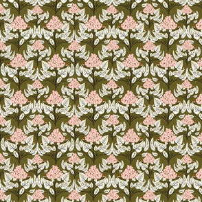 Hydrangea Sketched Florals and Leaves_Olive Green_Pink_Small