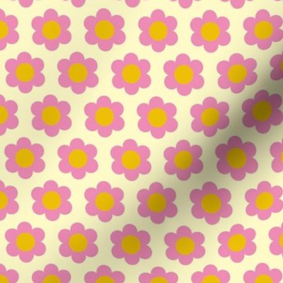 Extra small 60s Flower Power Daisy - pink on lemon chiffon light yellow - retro floral 