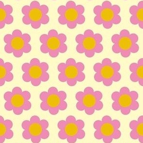 Extra small 60s Flower Power Daisy - pink on lemon chiffon light yellow - retro floral 