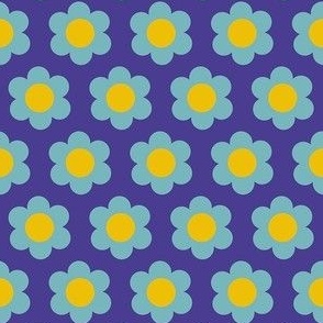 Extra small 60s Flower Power Daisy - light aqua blue on dark slate blue with yellow center- retro floral 