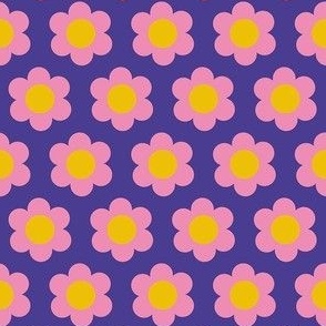 Extra small 60s Flower Power Daisy - pink on dark slate blue - retro floral 