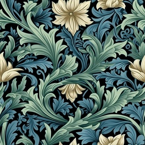 Floral Acanthus - Blue/Green on Black William Morris Wallpaper - New
