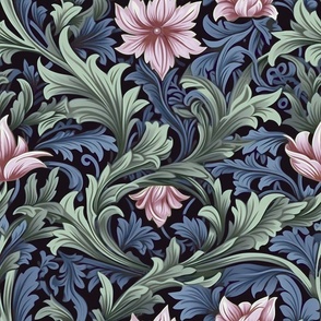 Floral Acanthus – Pink/Cornflower Blue on Black William Morris Wallpaper - New
