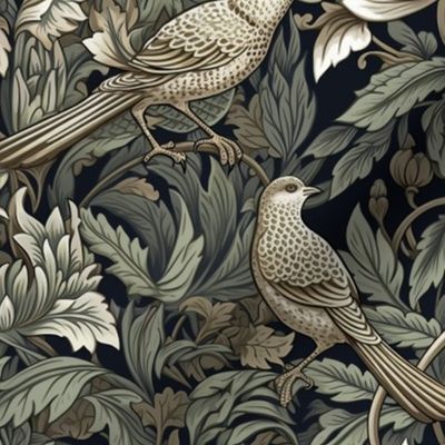 Winged Bouquet– Off-White/Mossy Green on Black William Morris Wallpaper – New 
