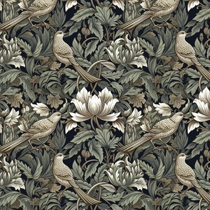 Winged Bouquet– Off-White/Mossy Green on Black William Morris Wallpaper – New 
