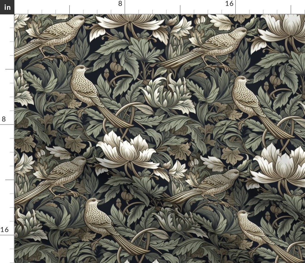 Winged Bouquet– Off-White/Mossy Green on Black William Morris Wallpaper – New 
