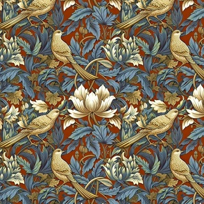 Winged Bouquet– Gold/Blue on Brick Red William Morris Wallpaper – New
