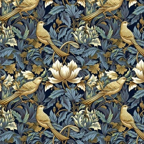 Winged Bouquet– Gold/Blue on Navy William Morris Wallpaper – New 
