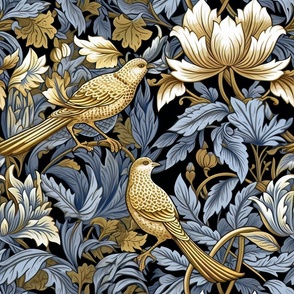 Winged Bouquet– Gold/Blue on Black William Morris Wallpaper – New