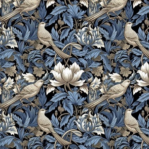 Winged Bouquet– Cream/Blue on Black William Morris Wallpaper – New