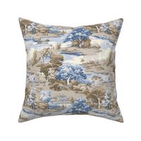 Tranquil Pastures - Taupe/Blue Toile Wallpaper 