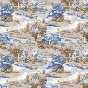 Tranquil Pastures - Taupe/Blue Toile Wallpaper - New for 2023