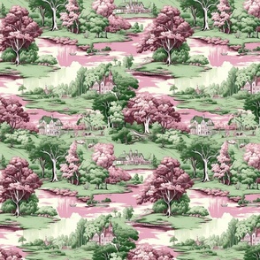 Tranquil Pastures - Raspberry/Green Toile Wallpaper - New for 2023