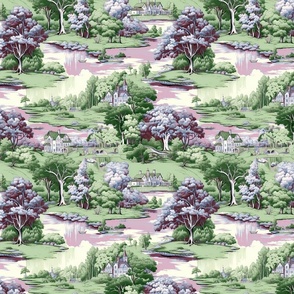 Tranquil Pastures - Blue Violet/Green Toile Wallpaper 