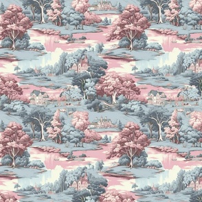 Tranquil Pastures - Pink/Blue Toile Wallpaper 