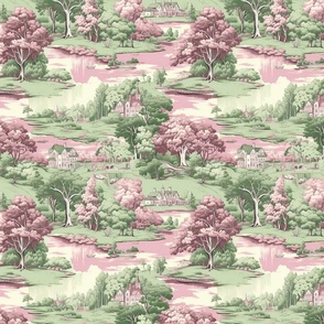 Tranquil Pastures - Pink/Green Toile Wallpaper 