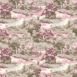 Tranquil Pastures - Taupe/Pink Toile Wallpaper 