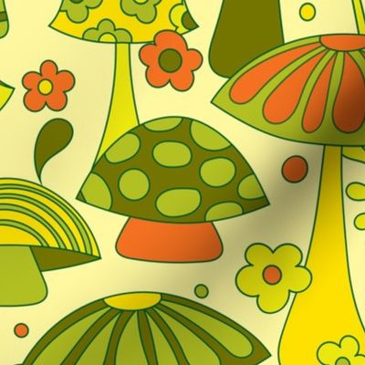 Retro Mushrooms in Orange, Yellow and Olive Green