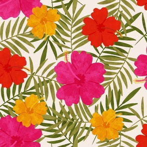 Tropical Blooms: Red, Pink, & Yellow Hibiscus Flowers on Jungle Leaves (LARGE)
