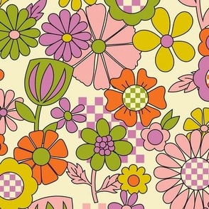 Vintage Flowers with Checkerboard Print in Orange, Green, Purple and Pink