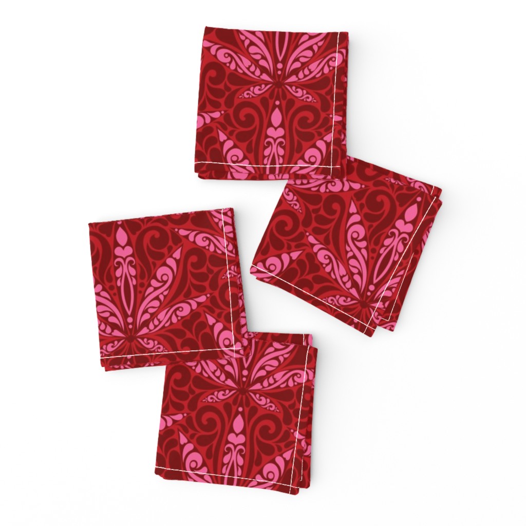 Weed Garden // Marijuana Leaf Damask in Bright Pink on Cardinal Red Background