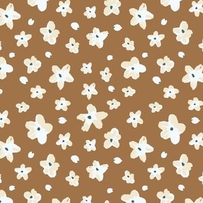 Cream Cherry Blossom Flowers Ditsy on Coffee Brown Ditsy