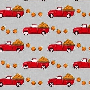 (small scale) fall vintage truck - falling  pumpkins - red on grey - C23