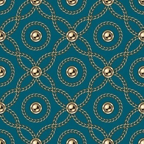 Intertwined Gold Chains and Beads on Teal