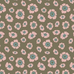 Dusty Pink Scattered Floral Flowers on Forest Green