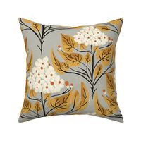Hydrangea Sketched Florals and Leaves_ Gray Gold Cream_Large