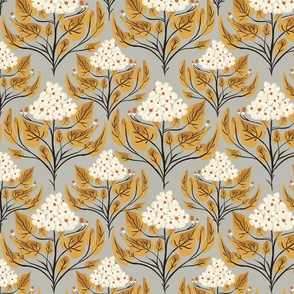 Hydrangea Sketched Florals and Leaves_ Gray Gold Cream_Medium