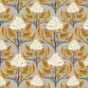 Hydrangea Sketched Florals and Leaves Gray Gold Cream_Small