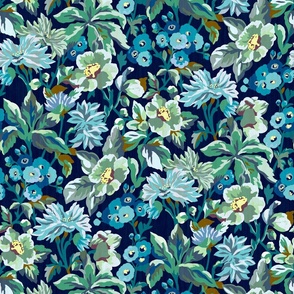 Vintage Floral Garden - Deep Blue & Green (larger scale)