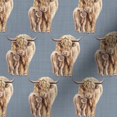 Highland cows on Gray Blue Linen