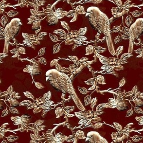 Embossed Shimmering Brass Birds and Branches on Burgundy
