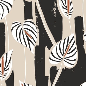 large tropical painterly abstract anthurium - black and white monochrome with terracotta brown accent