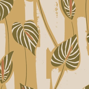 large tropical painterly abstract anthurium - golden honey yellow and olive green