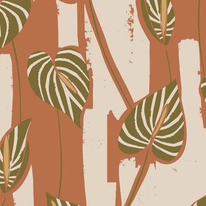 large tropical painterly abstract anthurium - terracotta brown and olive green