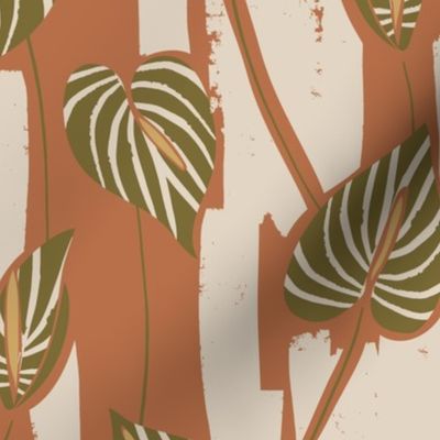 medium tropical painterly abstract anthurium - terracotta brown and olive green