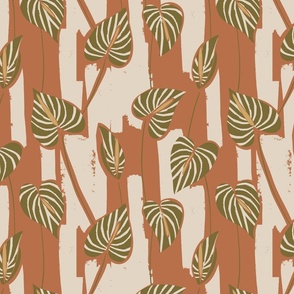 medium tropical painterly abstract anthurium - terracotta brown and olive green