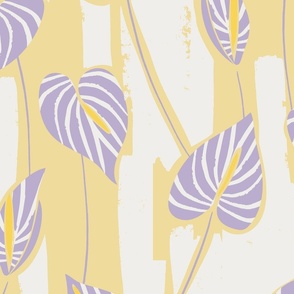 Large tropical painterly abstract anthurium - pastel yellow and lavender purple